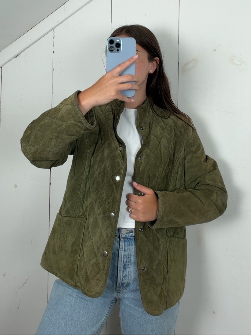 Vintage Green Suede Leather Quilted Snap Close Jacket Women’s M Stand Collar Y2K